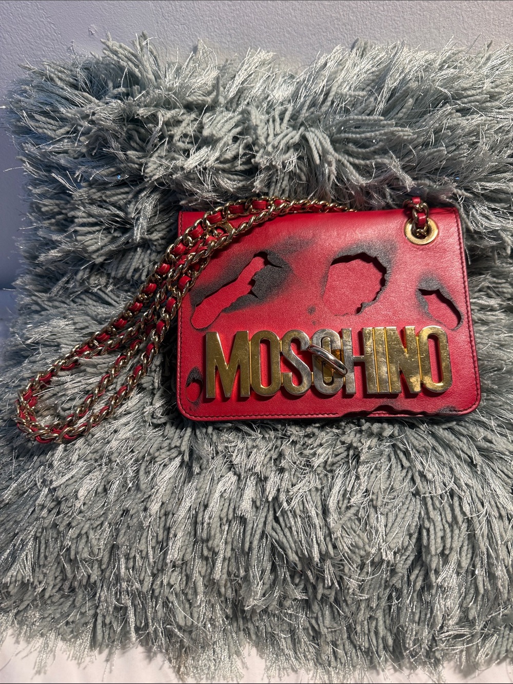 Moschino Burnt Design Red Leather Shoulder Bag with Gold Logo Chain